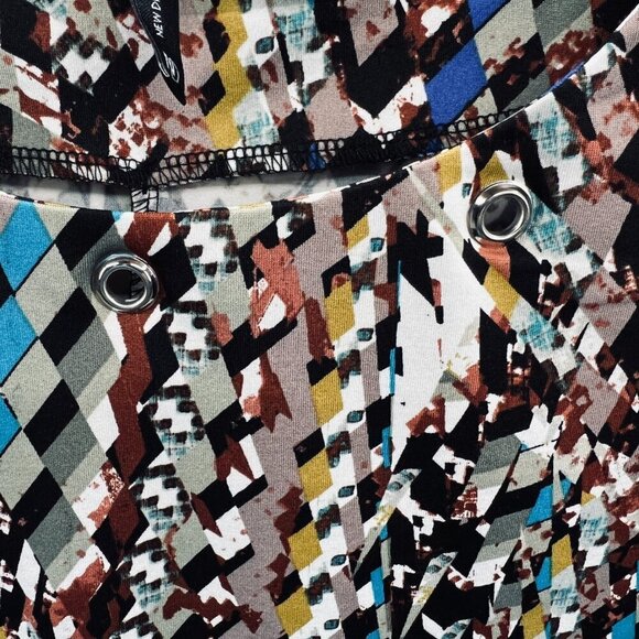 New Direction ND Women Top Small Brown Blue Geometric Short Sleeve Shirt Stretch - Picture 4 of 9